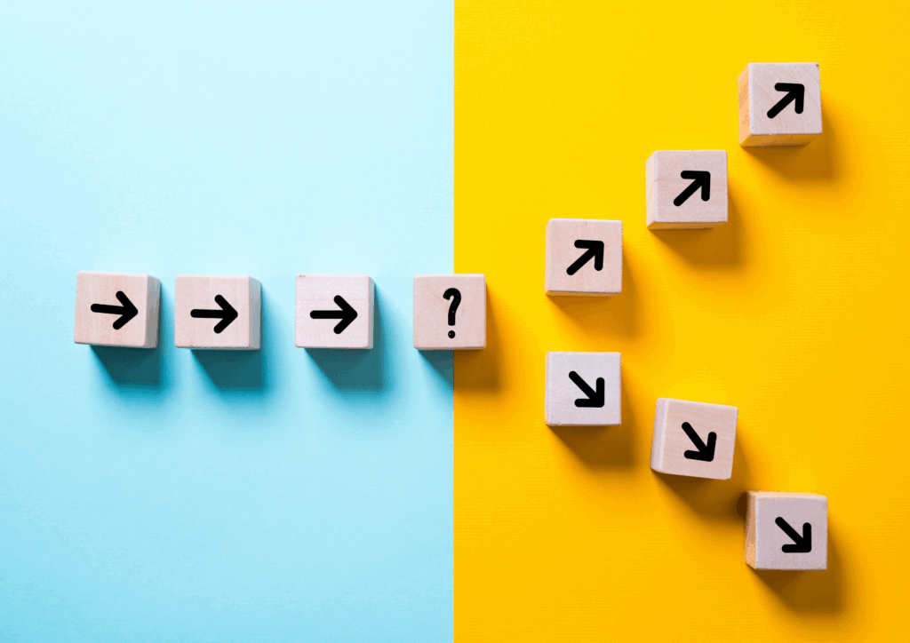 A row of arrows branching off into two different paths